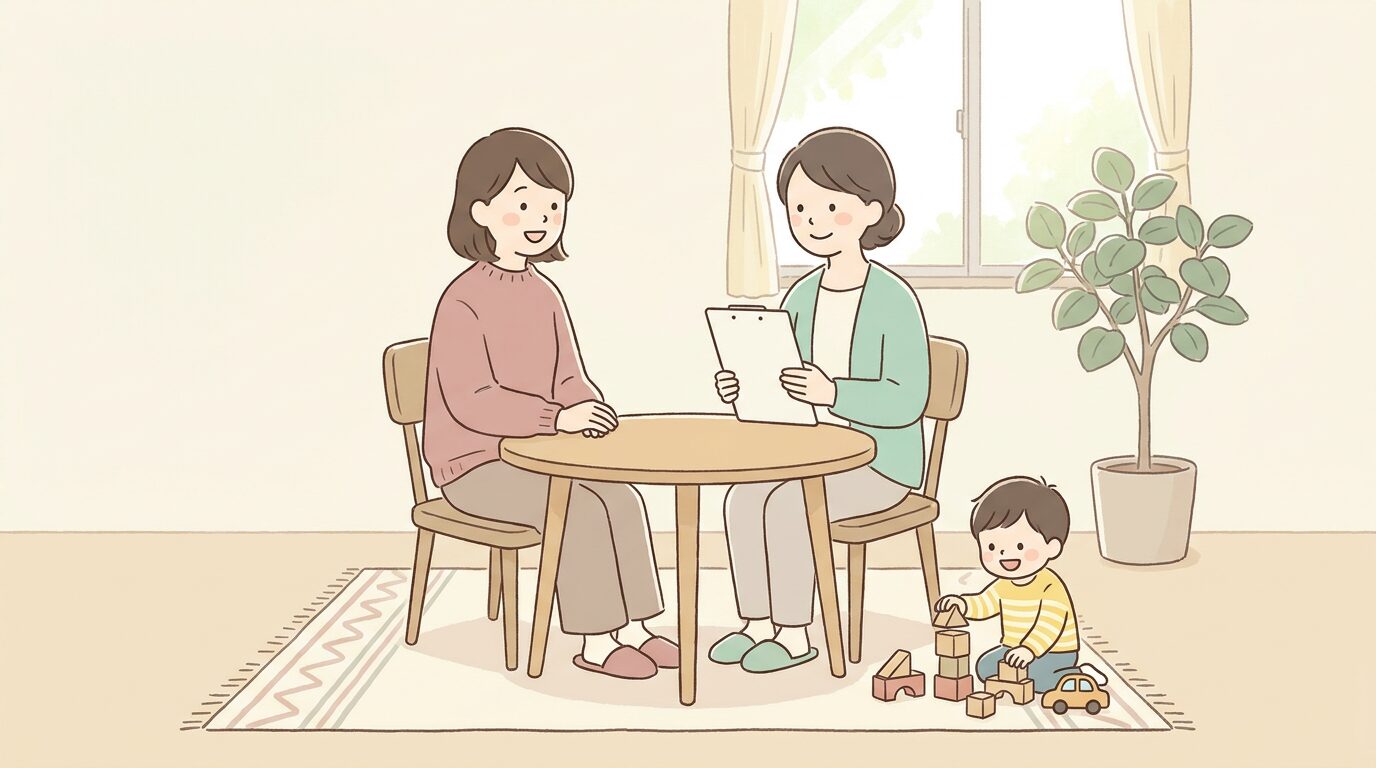 保健センターで相談する母親と遊ぶ子どものイラスト|診断がなくても相談できる