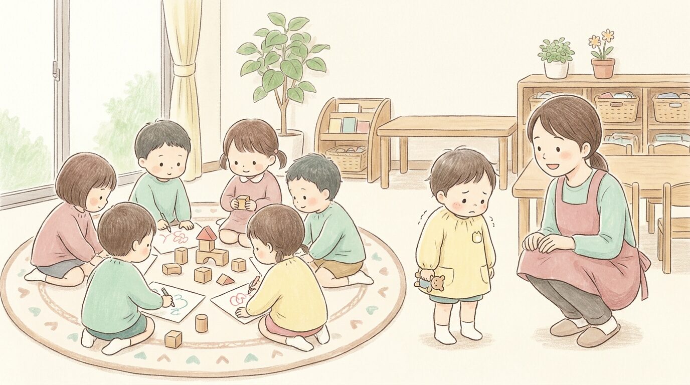発達グレーの子が保育園の集団活動で少し戸惑い、保育士が見守る様子