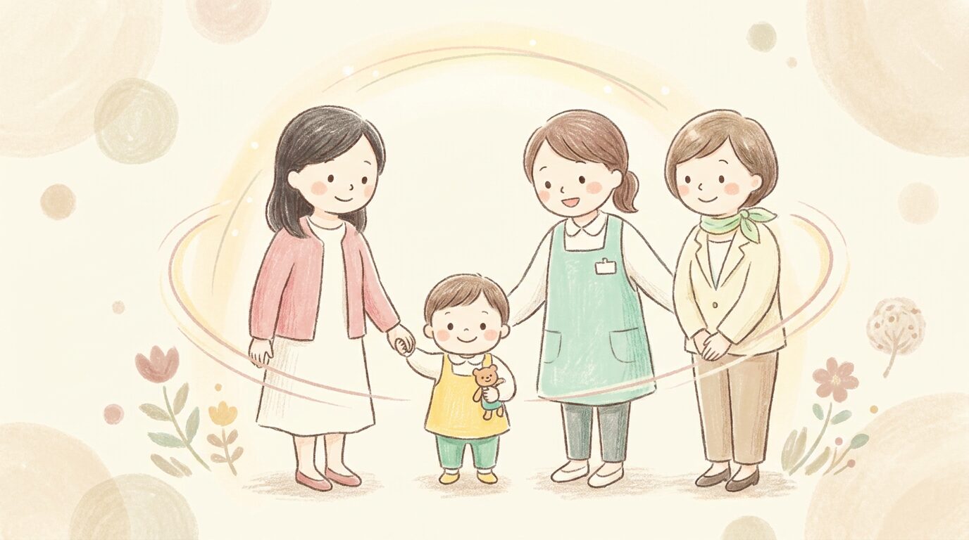 母親と保育士と専門職が子どもを囲み連携する様子