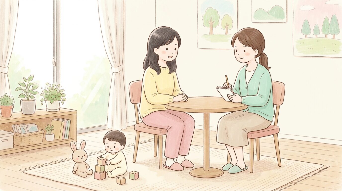 発達相談の窓口で保健師とおだやかに話す母親のイラスト