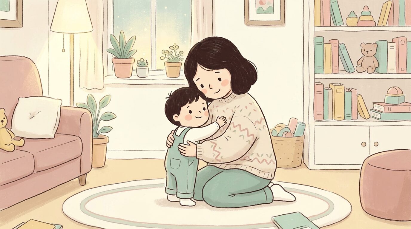 子育てのイライラのあと子どもと仲直りして抱きしめ合うお母さんのイラスト