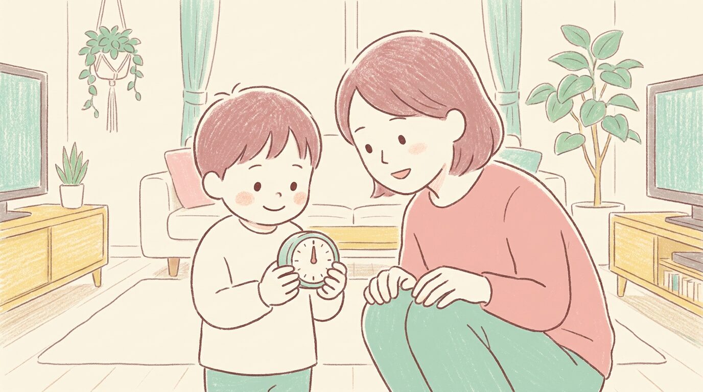 タイマーを使って切り替えの予告をする親子のイラスト