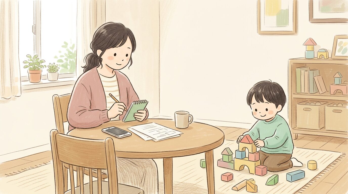 子どもの癇癪のきっかけをメモする母親のイラスト