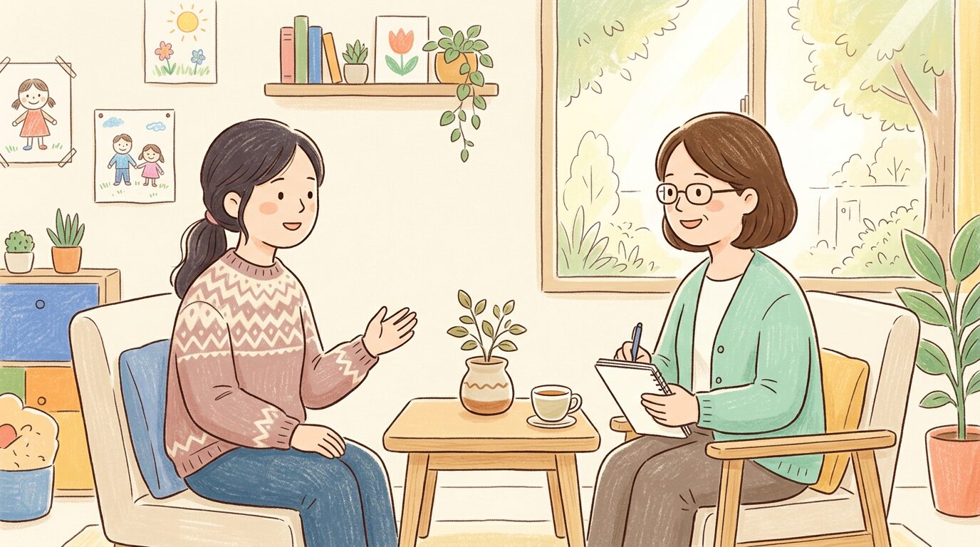 発達の相談窓口で相談する母親のイラスト
