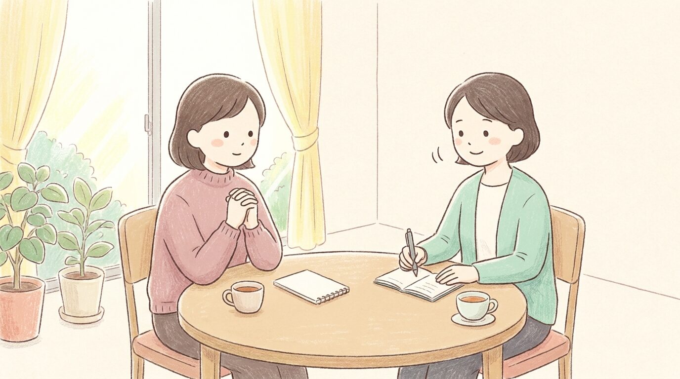 発達の相談窓口で話を聞いてもらう母親の様子