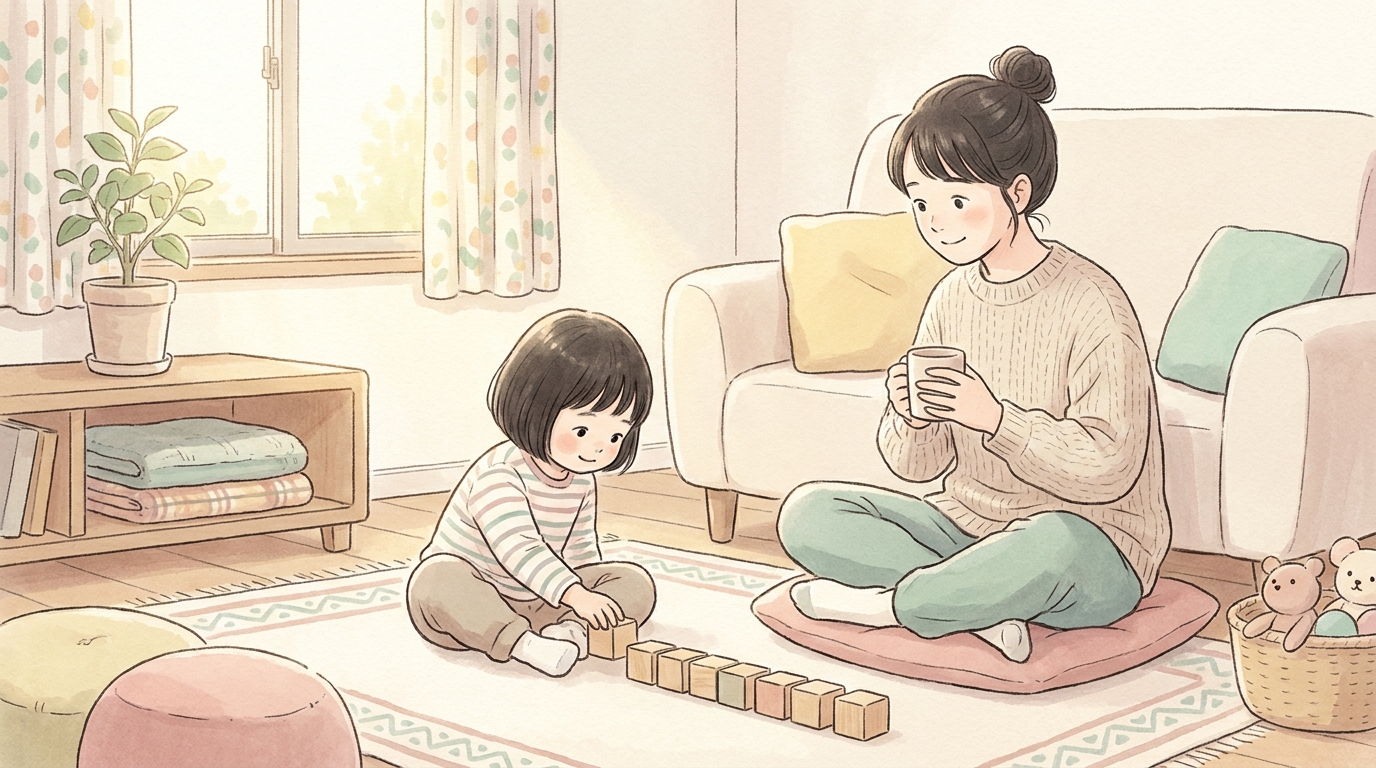 ブロックを一列に並べる子どもをそっと見守る母親の様子