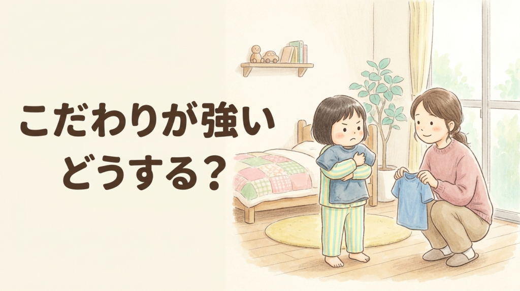 こだわりが強い子への対応 お気に入りの服を抱える子と見守る母親のイラスト