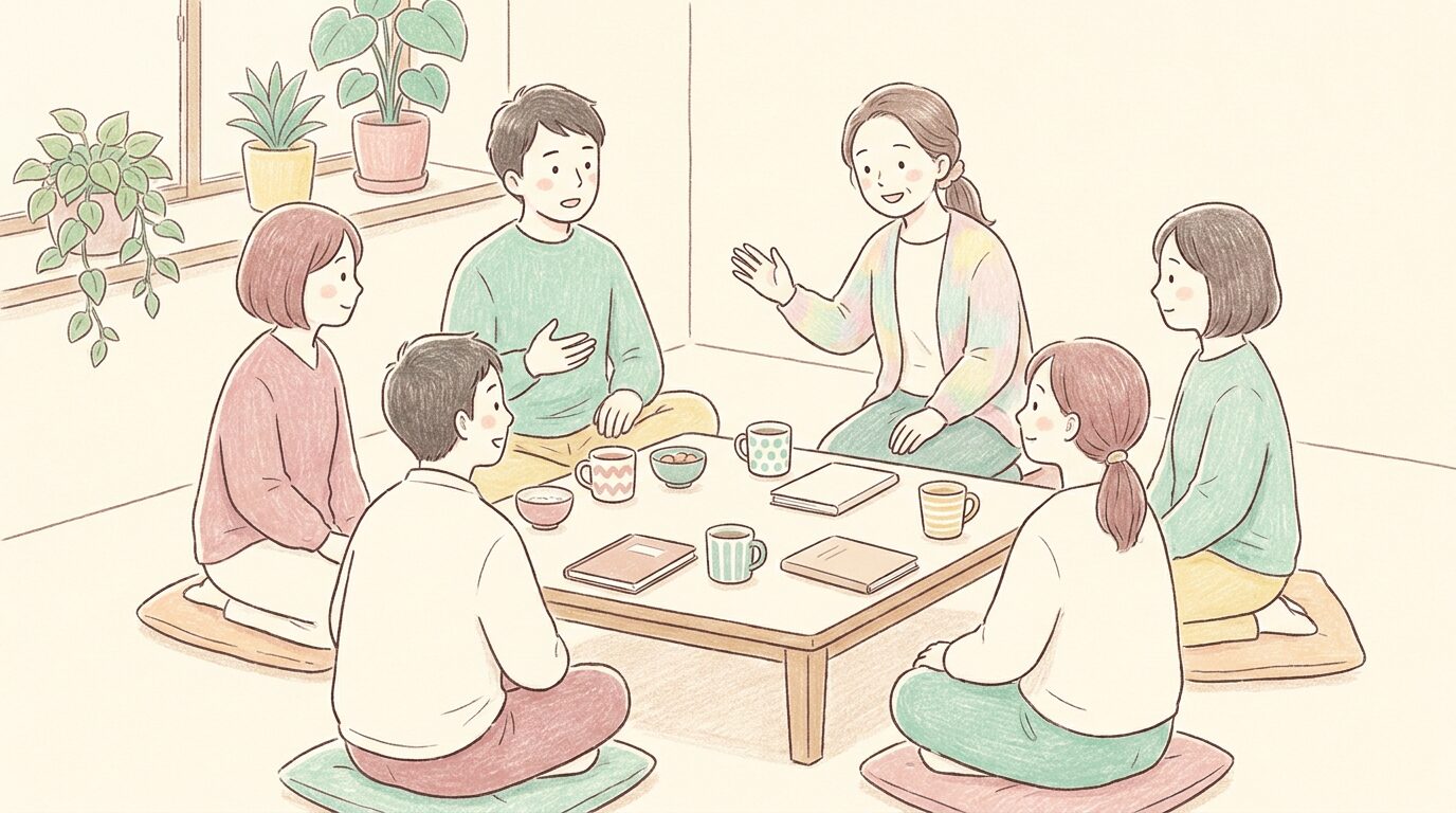 ペアレントトレーニングの講座で親たちが輪になって学ぶ様子