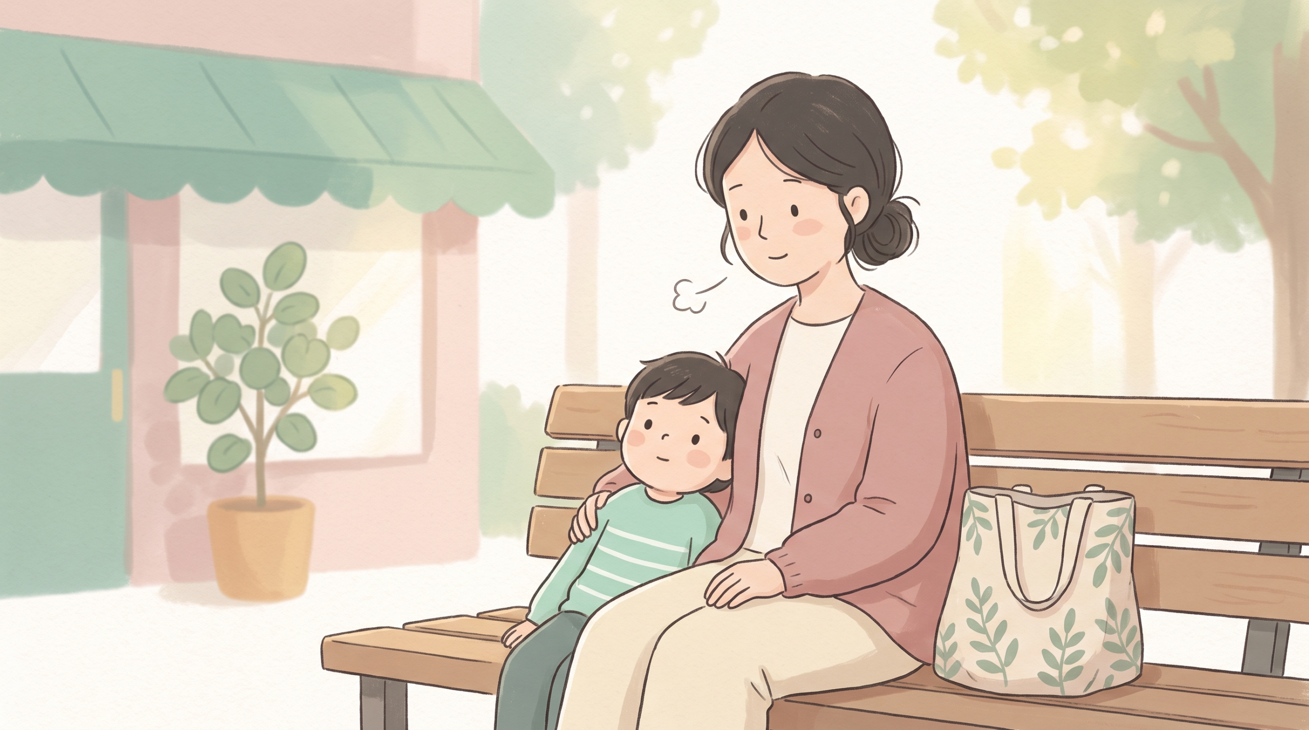 スーパーの外のベンチで落ち着いた親子の様子