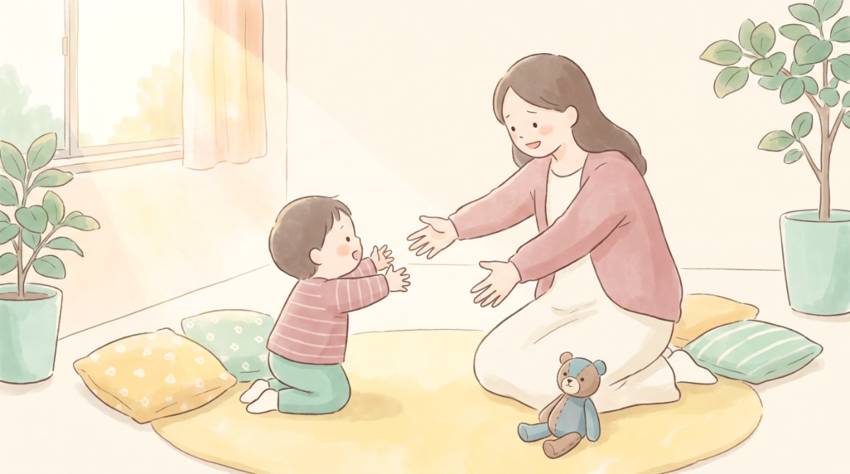 癇癪がおさまり母親に抱きつく子どもの様子